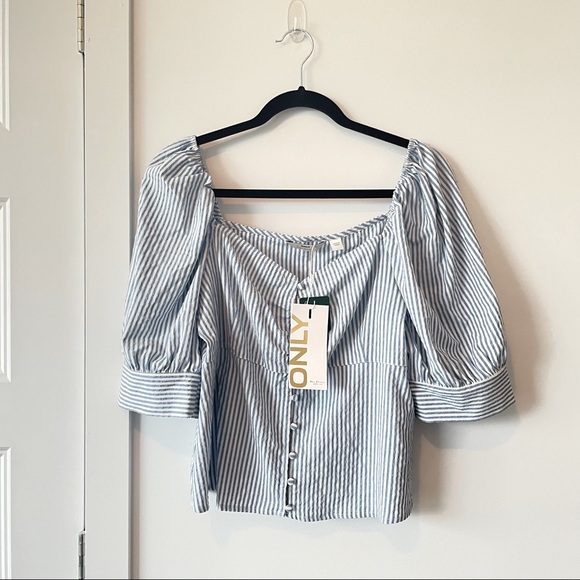 ONLY Blue & White Stripes Puff Sleeves Blouse - Picture 2 of 6